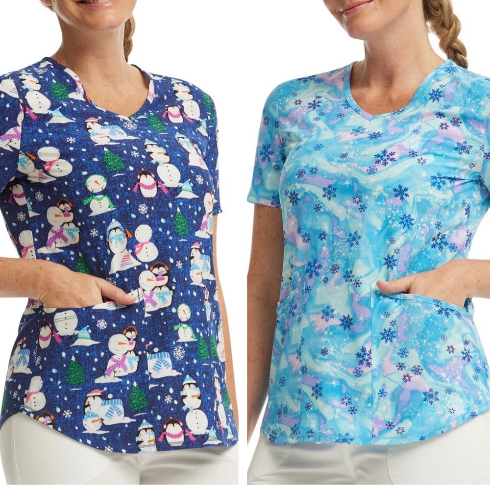 2 Starscrub Scrub Shirts Snowman & Snow Flakes Plus Size 3X